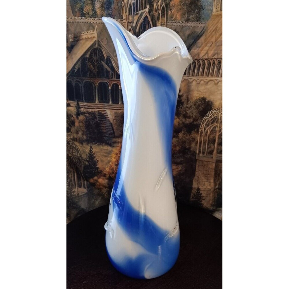 Extra Large Studio Art Glass Vase Hand Blown 20.5" Blue White Swirl w/ Crimps